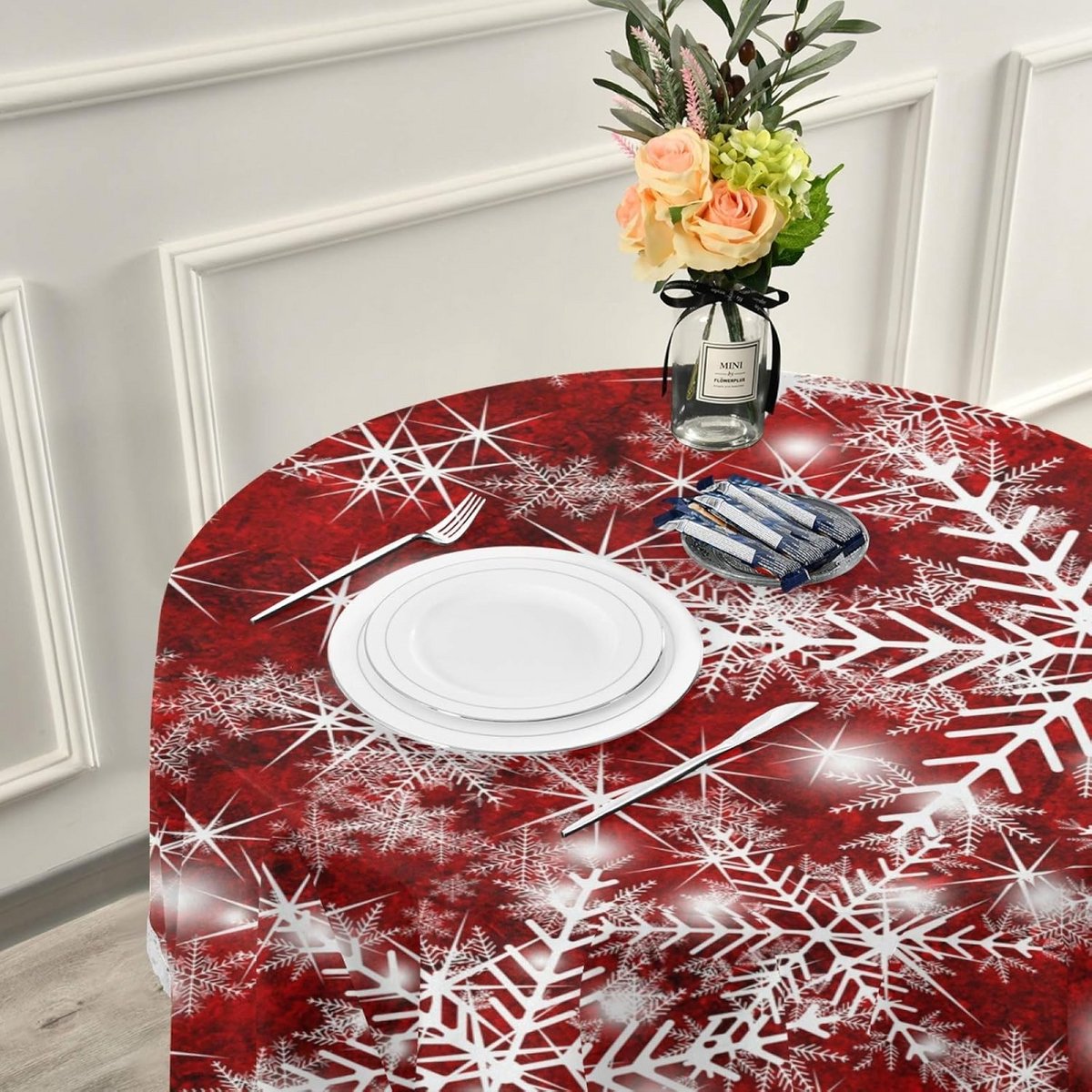 Ronde Tafelkleed Kerst Sneeuwvlokken Rood Decoratief Tafeldek