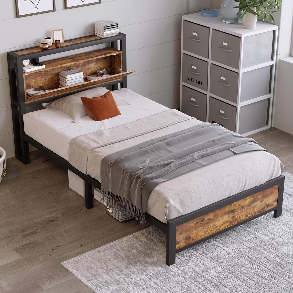 Metalen Eenpersoonsbed 90x200 cm met Opbergruimte in Hoofdbord en Onder het Bed