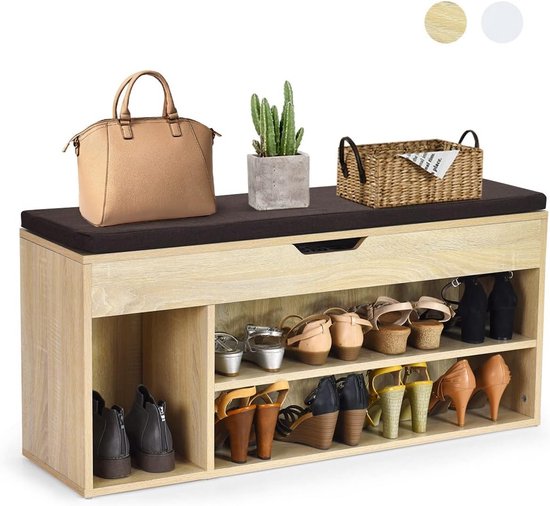 Entryway schoenopbergkast bank met linnen kussen stoel, houten 2-laags schoenenrek organizer voor ingang en hal Entryway schoenopbergkast bank met linnen kussen stoel, houten 2-laags schoenenrek organizer voor ingang en hal