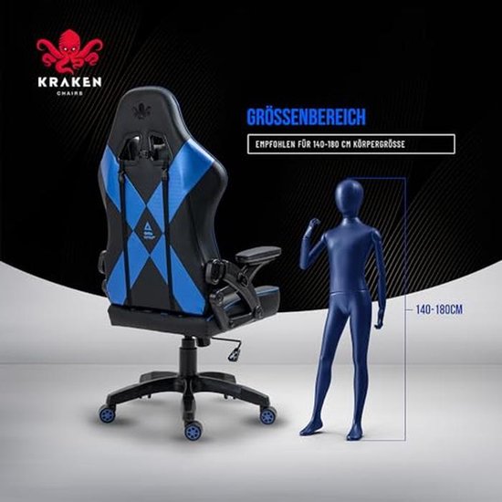 Ergonomische Gamingstoel met Verstelbare Armleuningen en Nek- en Lendenkussens - Zwart-Blauw — afbeelding 5
