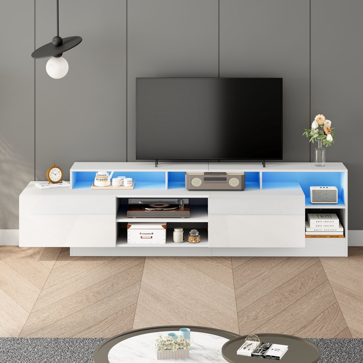 OKWISH TV-Meubel - Modern - 2 Deuren - Met LED (16 Kleuren, 4 Modi) - Open Vakken En Neerklapbare Deuren - Spaanplaat Wit Hoogglans - 190x40x48,5 cm