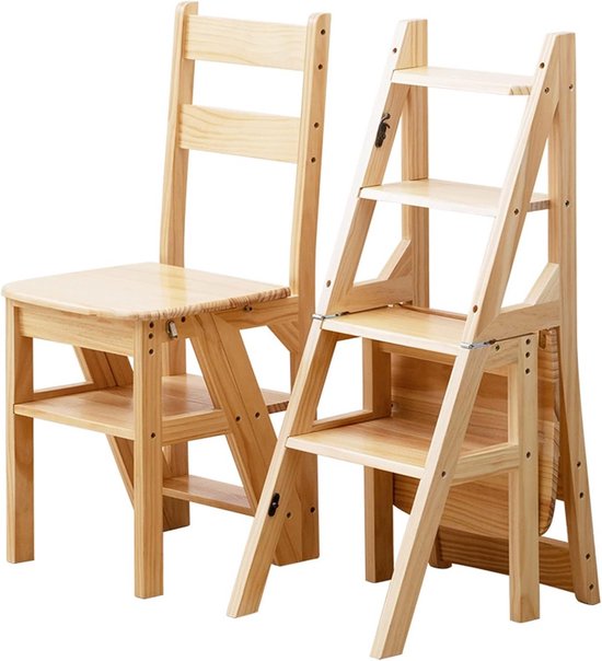 GELISURE Vouwtrap Massief houten stoel met 3 traps ladder Houten stoel met multifunctionele ladder Vouwplank ladder Capaciteit 150 kg (kleur: 4) (3