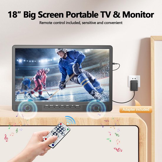 Draagbare 18 inch Mini LCD TV met DVB-T2/Tuner - HD 1080P - 12V voor Buiten, Camping & Keuken - USB/HDMI/AV — afbeelding 5
