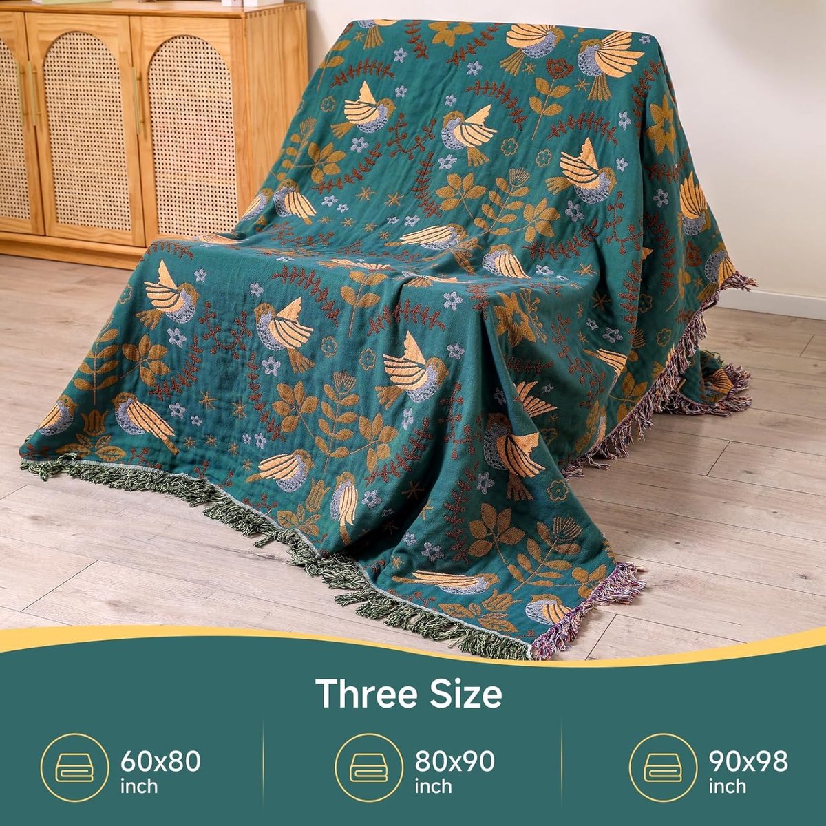 Sofa plaid - Bedsprei - bank deken - Deken - Vogel- en bloemenprint - 150×200cm - Katoen - Groen — cadeau in Wonen & Interieur - foto 4