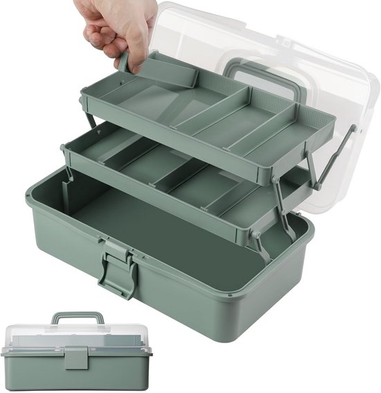 Boîte de rangement grise à 3 niveaux qui s'ouvre. Petite boîte de rangement à côté.