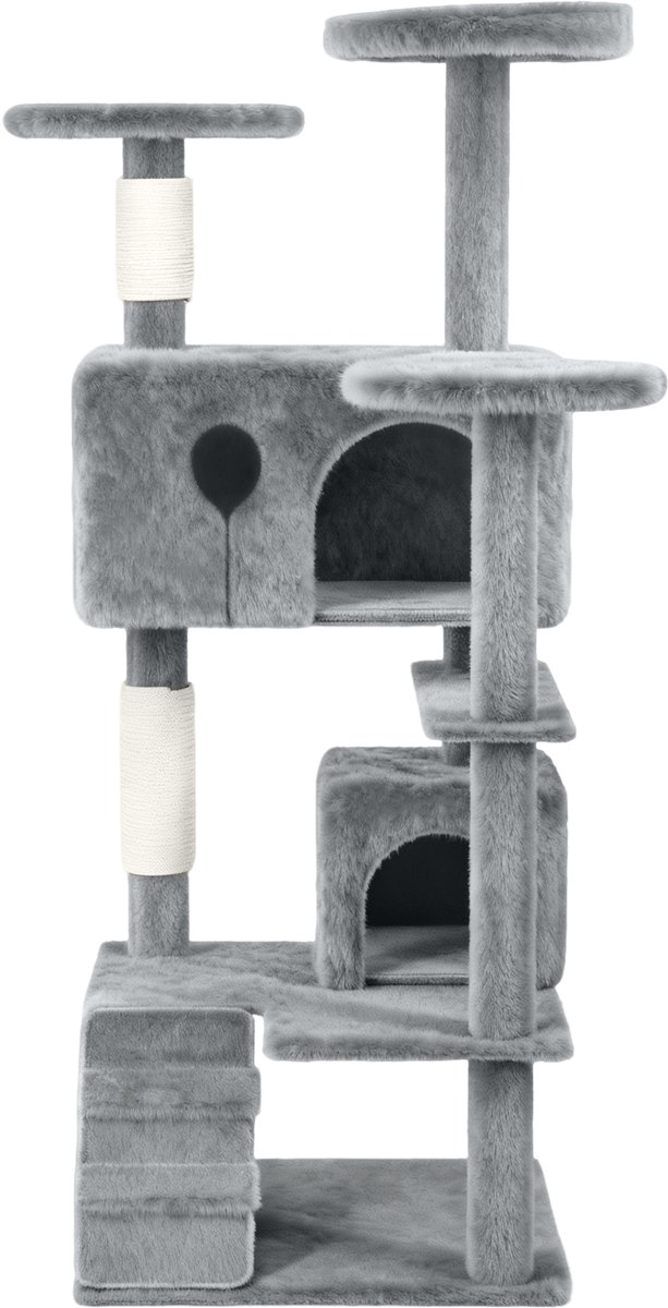 Aufun Kattenboom Krabpaal Kattenkrabpaal voor Katten, Klimboom met hangmat en speelopties kattenstal Speelhuis Krabpalen, 49x49x130cm, Lichtgrijs