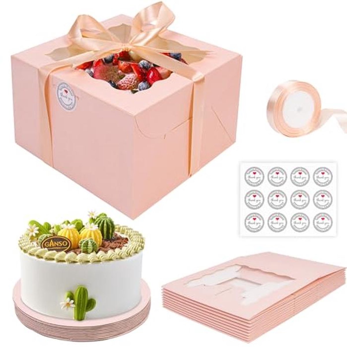 Roze Taartdozen met Kijkvenster en Sockel - 10 Sets voor Taarten tot 20,3 cm
