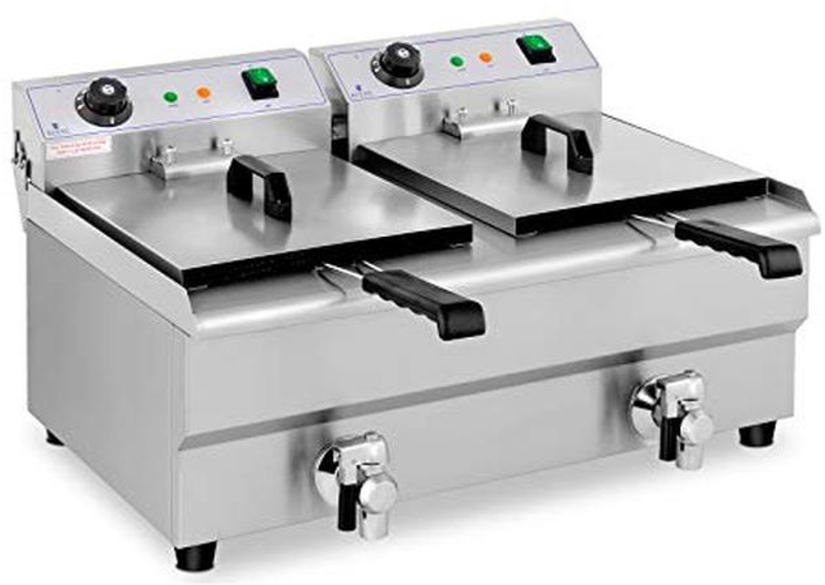 Professionele Dubbele Elektrische Friteuse 2x 13 Liter RVS met Aftapkraan en Temperatuurregeling 50-200°C