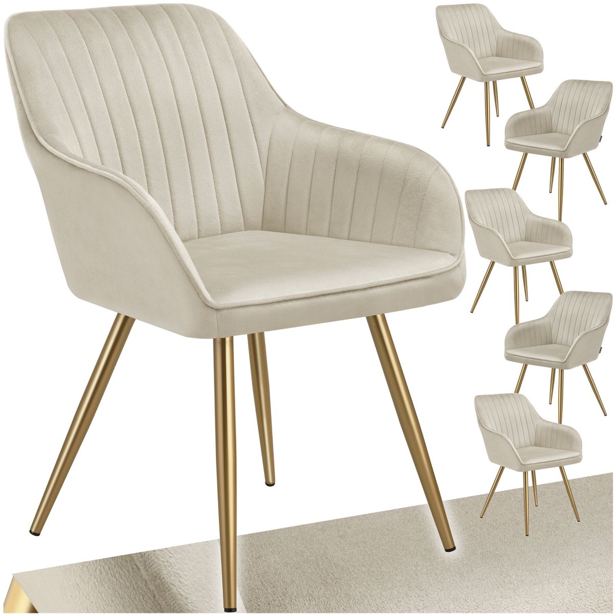 Tectake Eetkamerstoelen Marilyn - Set van 6 - Gestoffeerde Stoel in Fluweellook - Doorgestikt - Zwarte Stoelpoten - Ergonomische Keukenstoel - Doorlopende Rugleuning en Armleuningen - Stoel voor Woonkamer, Eetkamer, Slaapkamer - Creme