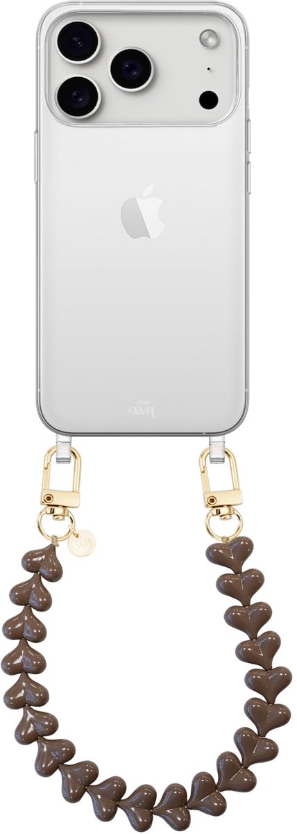 xoxo Wildhearts siliconen hoesje geschikt voor iPhone 17 Pro hoesje - Funky Hearts (Dark Brown) - Telefoonhoesje - Hoesje met koord - Bordeaux rood koord - kort telefoonkoord - Hartjes ketting - Transparant hoesje