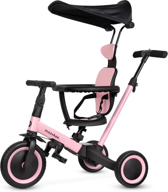 Roze driewieler met zonnedak, duwstang en veiligheidsgordel. Merk: moovkee.