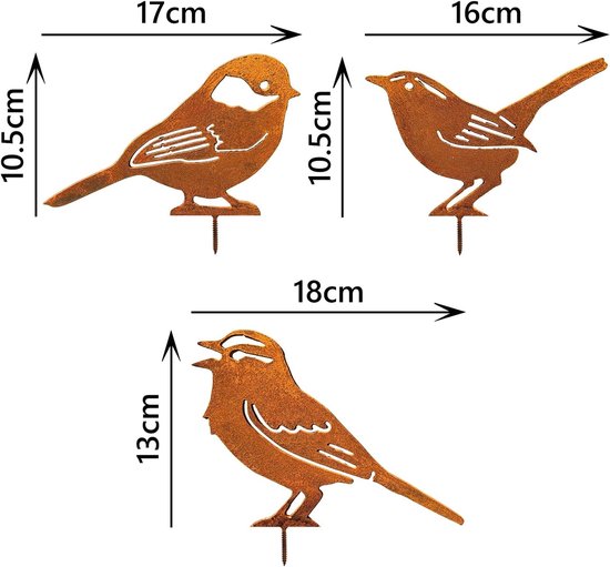 Set van 3 metalen vogel silhouetten in roestkleur. Afmetingen 17x10.5cm, 16x10.5cm en 18x13cm.