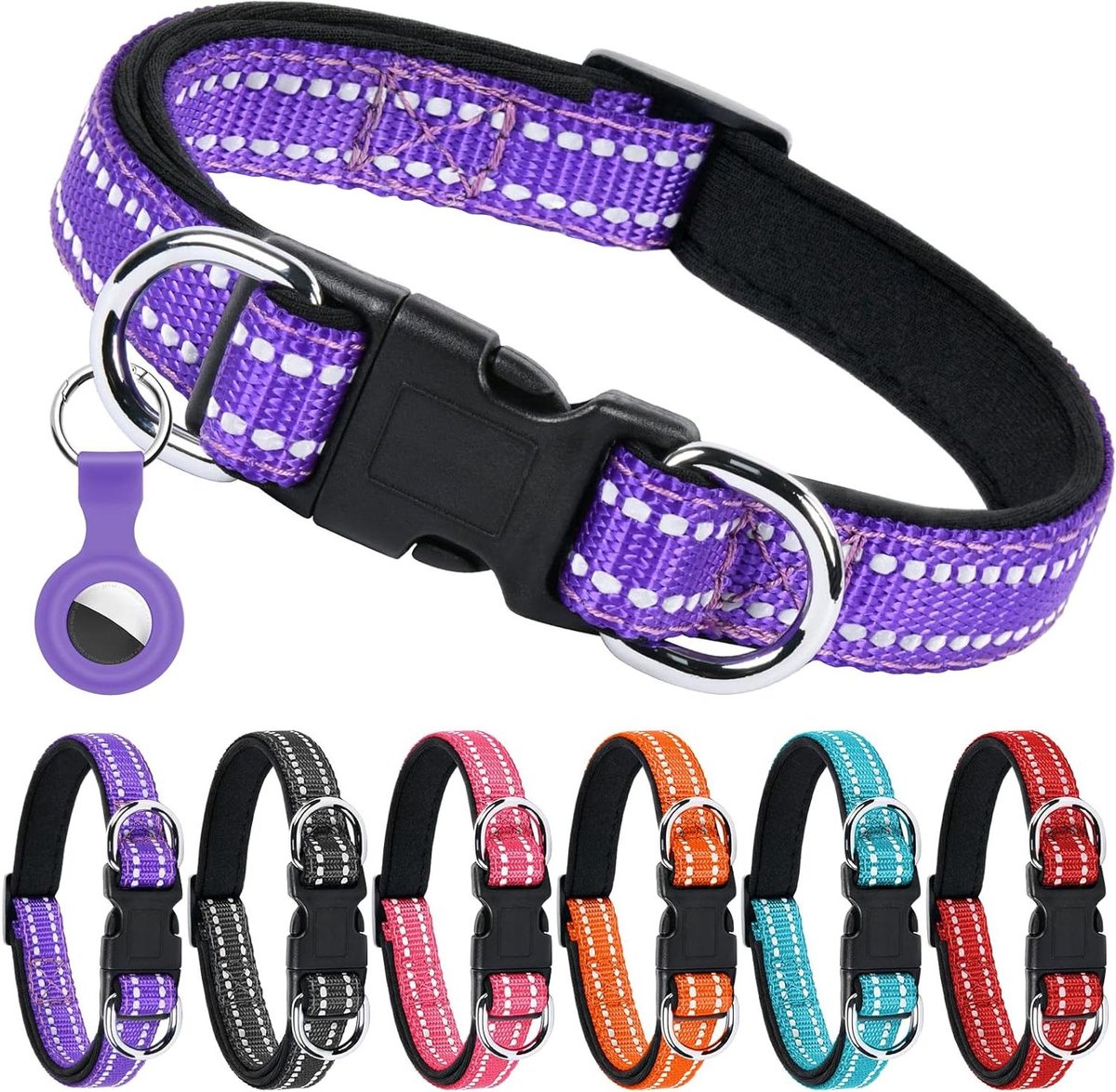 Cosensi - Reflecterende verstelbare hondenhalsband met neopreen voering en AirTag-hoes, dubbele D-ring - Geschikt voor kleine, middelgrote en grote honden