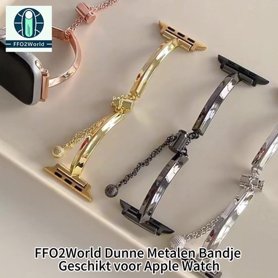 Stravo Sieraden Bandje met Kettingsluiting – Geschikt voor Apple Watch 46/49/45/44mm (Series 12/11/10/9/8/7/6/5/4, Ultra 4/3/2 & SE) – Dunne Metalen Horlogeband – Goud