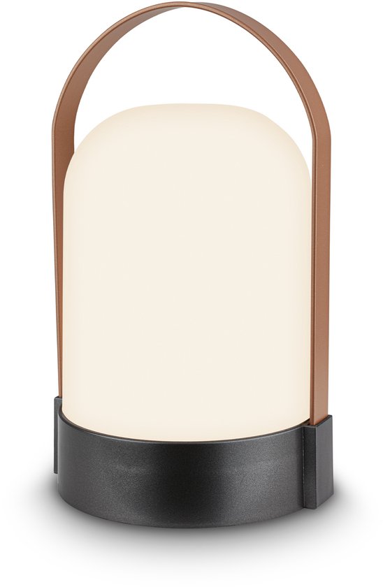 Une lampe portable avec une poignée en cuir brun et une base noire.