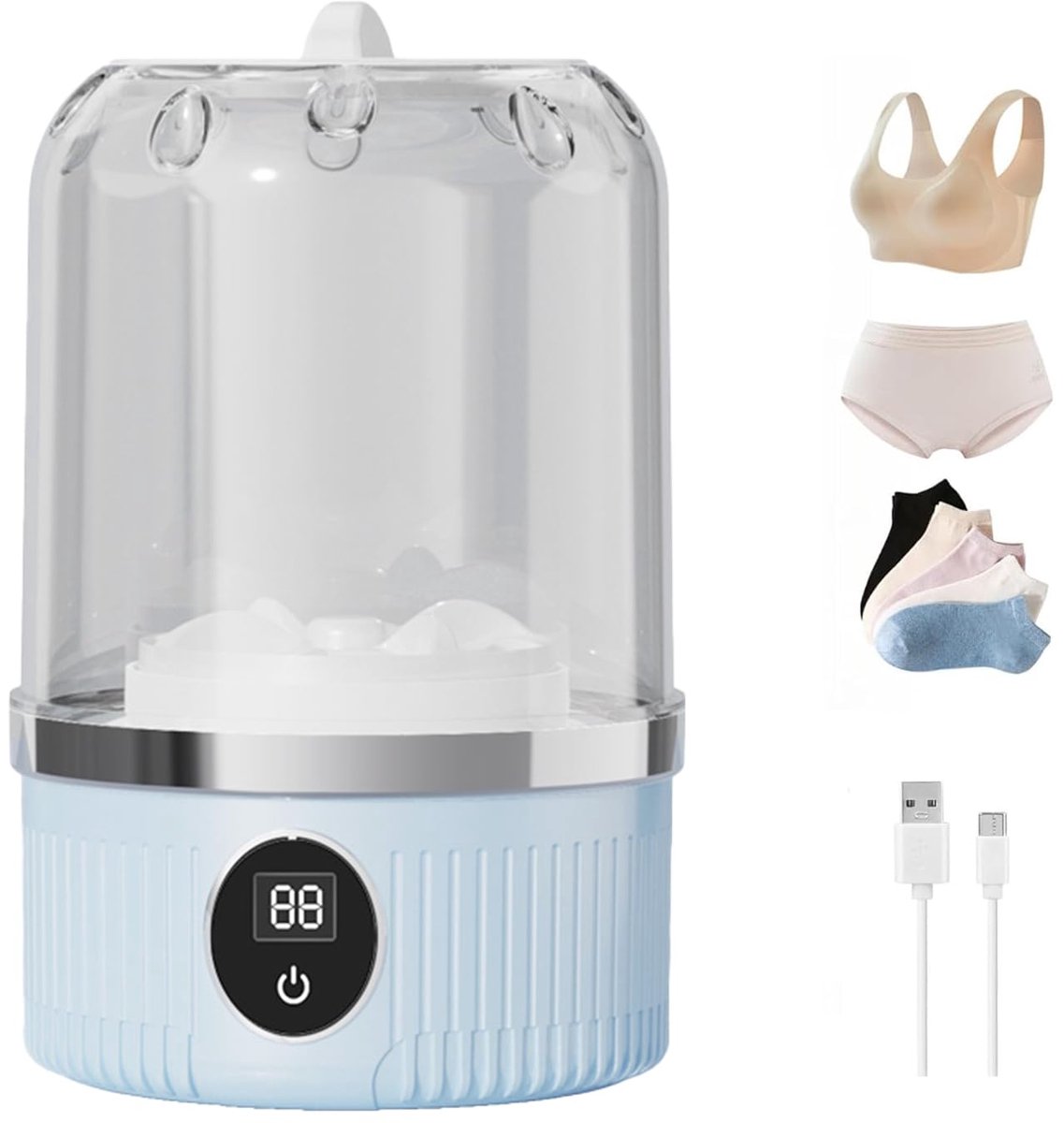 Draagbare mini-wasmachine - Ondergoedwasmachine - Sokkenwasmachine - Reinigt kleine items - Snelwasmachine - USB-oplaadbare wasmachine - Geschikt voor appartementen, slaapzalen, campers, reizen en hotels - Blauw