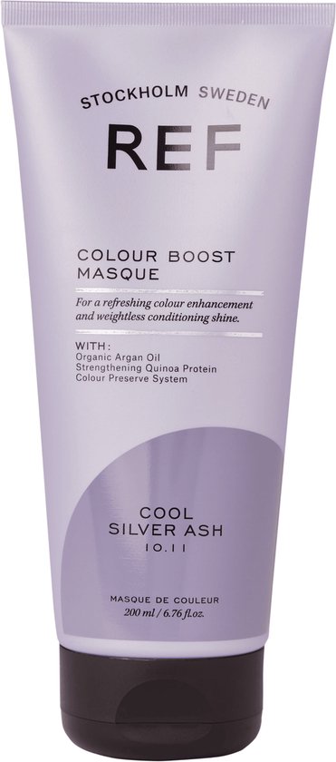 Lichtpaarse tube met REF Colour Boost Masque Cool Silver Ash. Grijze vlek.