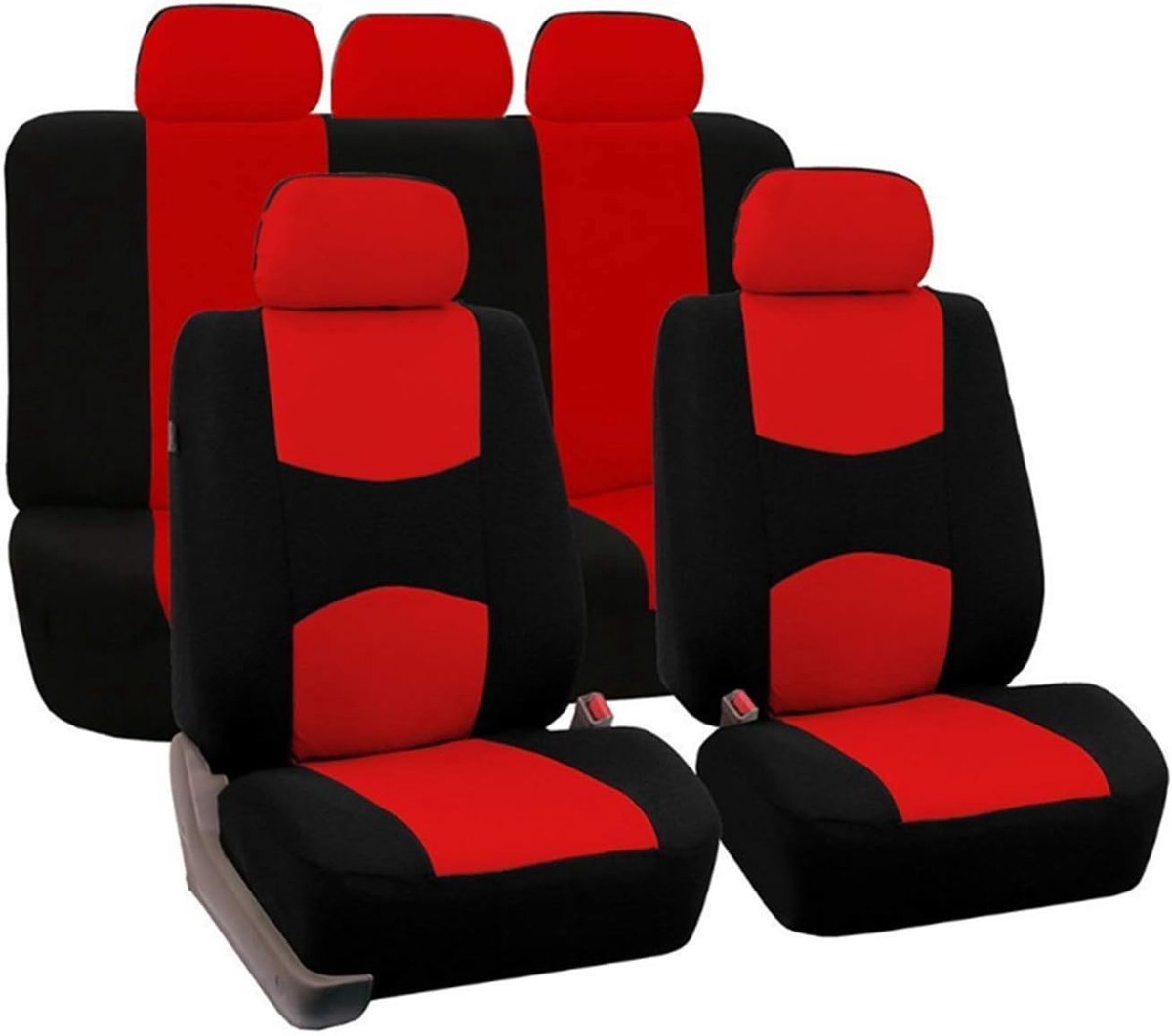 Stunq® Luxe Universele Auto Stoelhoezen – Complete Beschermset – Ademend Doek, Anti-Slip & Slijtvast – Zwart Rood Design: Duurzame Bescherming en Verbeterd Comfort voor Alle Auto's