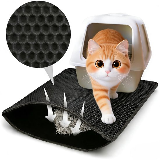 Kattenbak Mat – Honingraat Design – Dubbele Laag – Waterdicht – Anti-Slip Onderkant – Voor Kattenbak – 75x55 Cm – Katten Grit Opvanger – Katten Mat – Zwart