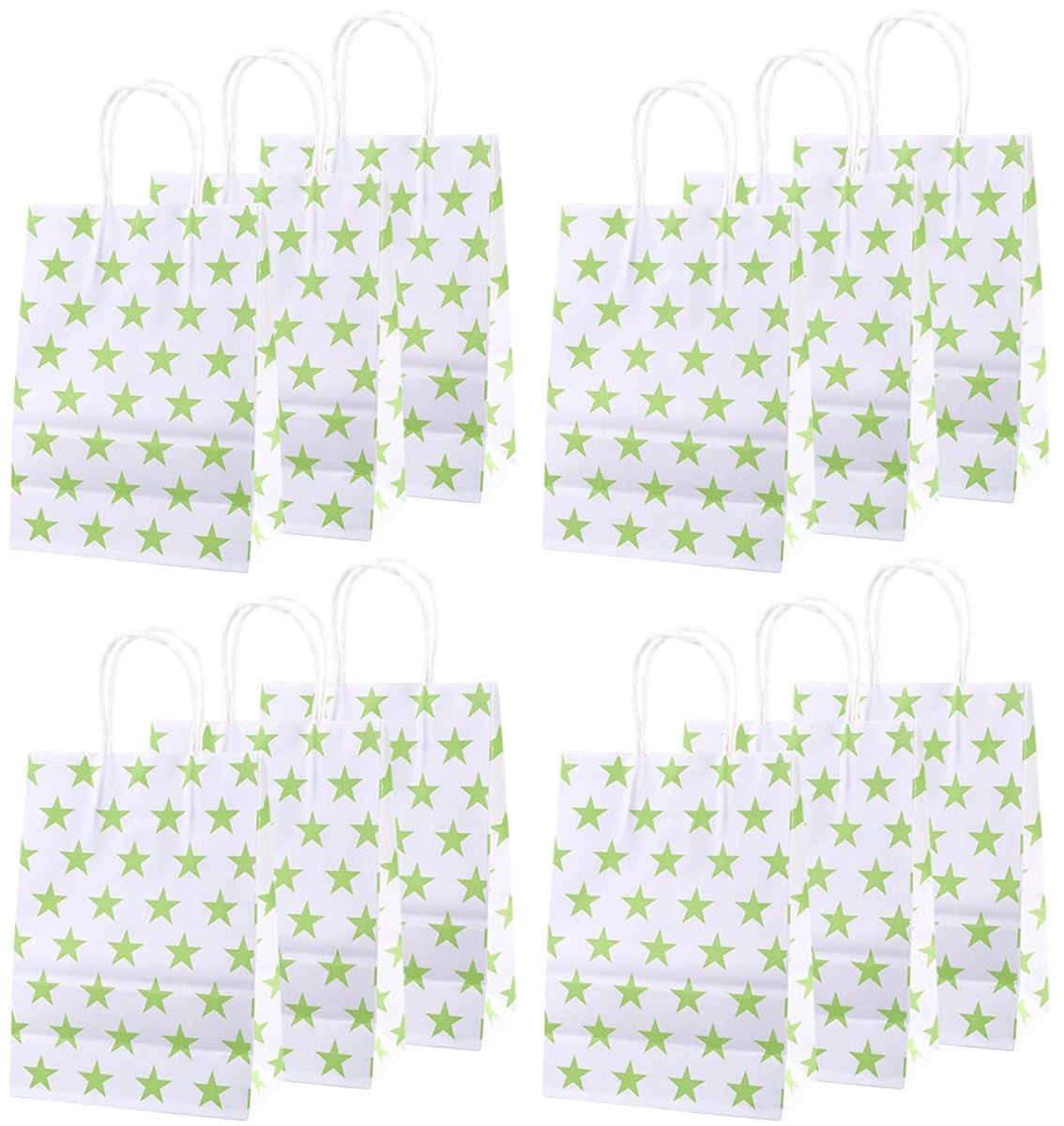 12 stuks zakjes met handvatten 30 x 16 x 8 cm met sterrenpatroon 4 juli kraftpapier cadeau goodiebag voor onafhankelijkheidsherdenkingsveteranen 4 juli feestgunst groen geel