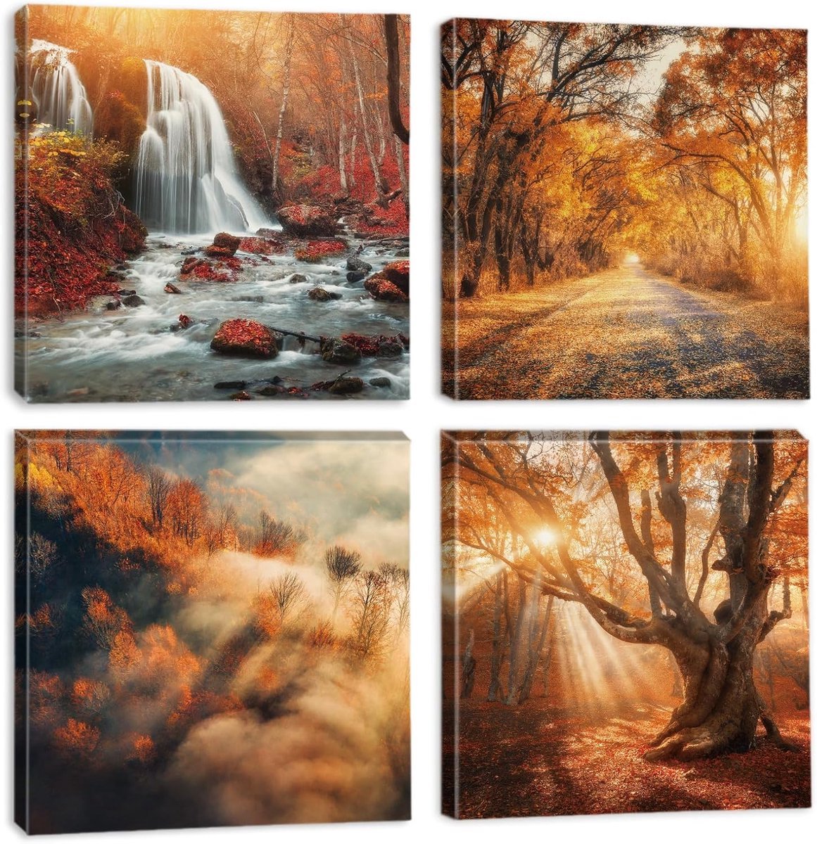 Stunq® Set van Vier Premium Canvas Schilderijen met Herfst Waterval Motief - Kunst voor Elke Ruimte