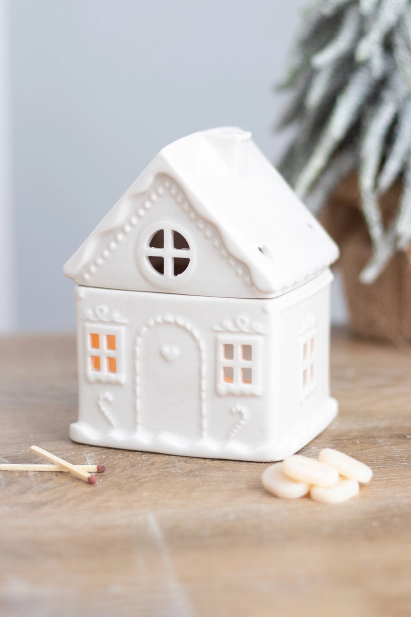 Wit Peperkoekhuis Waxinelichthouder – Kerst Gingerbread Huisje Keramiek – Kerst Kaarsenhouder & Decoratie – Ook te gebruiken als Oliebrander – Winter Sfeerverlichting