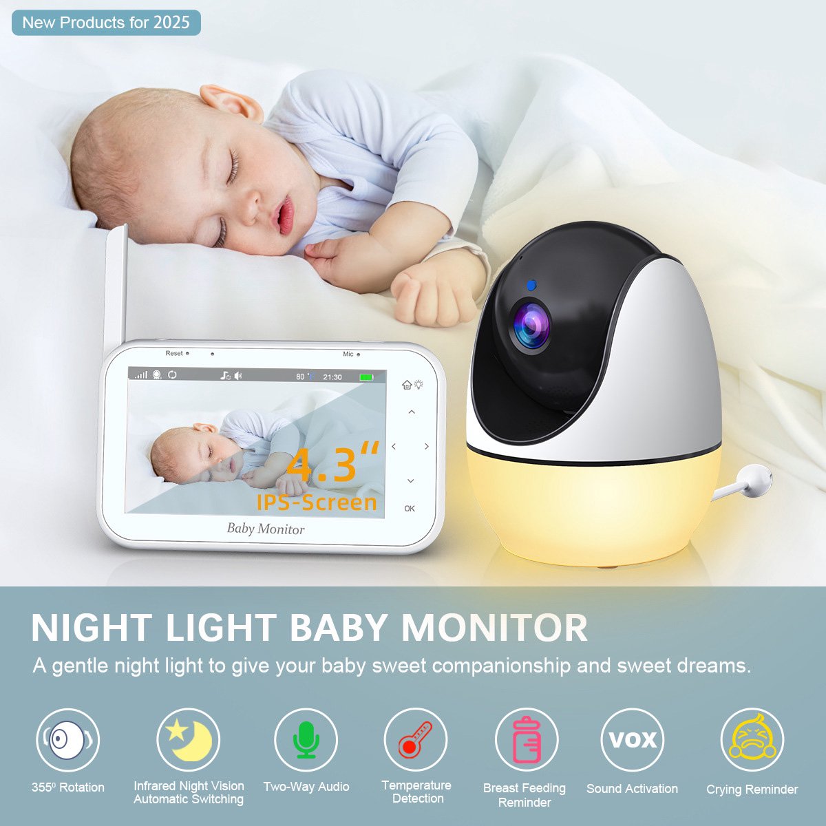 Namajunas - Babyfoon met camera - Baby monitor - Baby camera - 4.3 inch IPS-scherm - Full HD Resolutie - Temperatuursensor - Nachtlampje - Nachtzicht - Video Opname Met uw SD kaart - Zonder Wifi en App - PTZ, VOX-modus, Tweewegs-audio, 8 slaapliedjes – foto 4