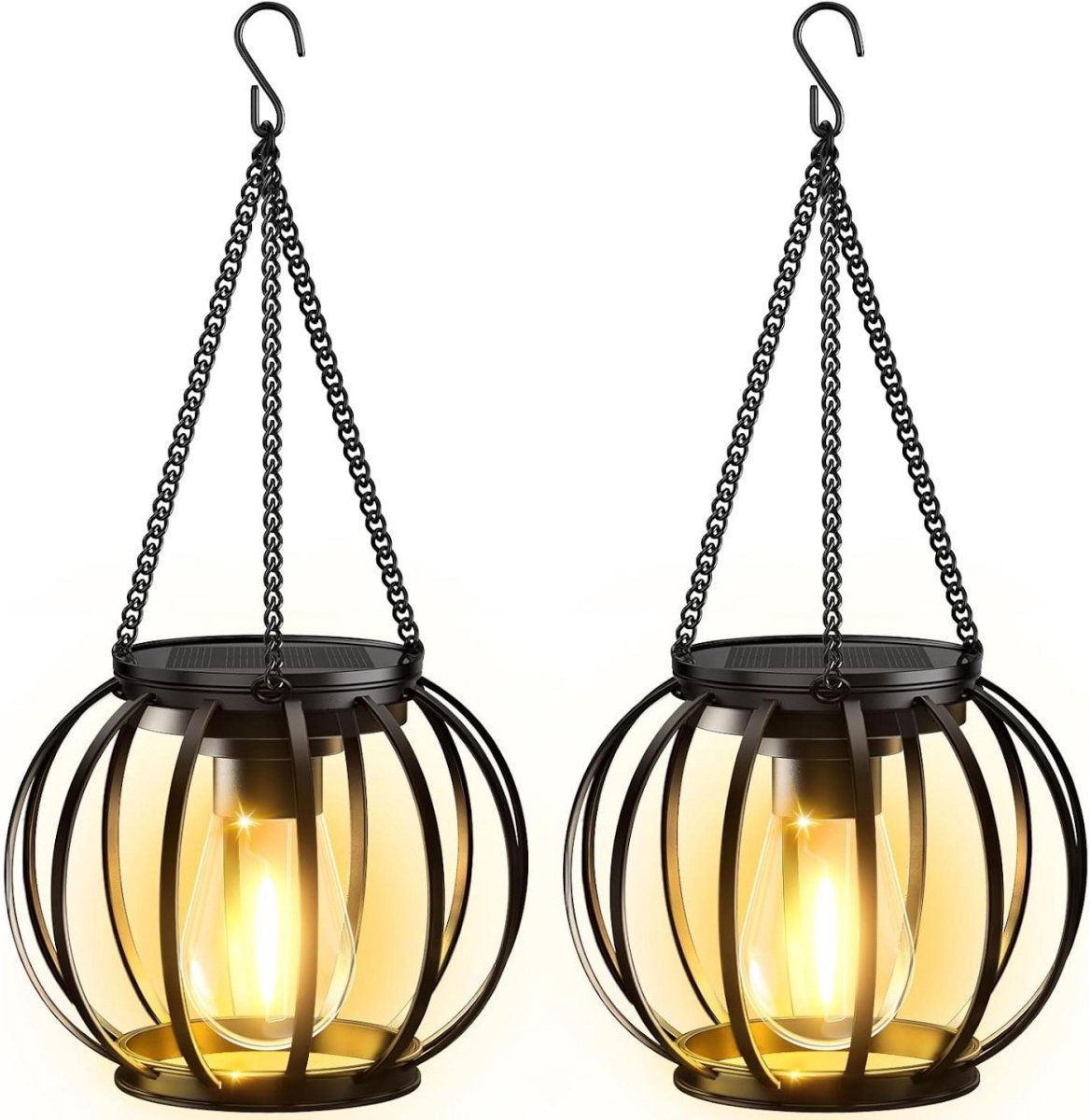 GELLDG 2 stuks zonnelampen - Hangende zonnelampen - Metalen buitenlantaarns - Met ledlampen - Waterdicht - Met haken en kettingen - Geschikt voor terrassen, gazons, balkons, binnenplaatsen