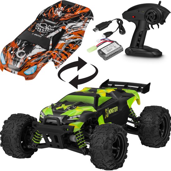 Overmax X-Monster 3.0 - RC Auto + Oranje Auto Body - 4x4 wielaandrijving - Schaal 1:18 - 30km/h - Bestuurbare Auto - Volwassenen & Kinderen - Afstandsbestuurbare Auto - Offroad Monstertruck