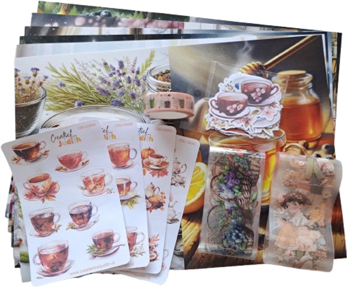 Thee journal set - stickers - papier - thema drinken - bullet journal stickers- washi tape - transparante stickers - scrapbook - knutsel bundel - hobbypakket - volwassenen en kinderen