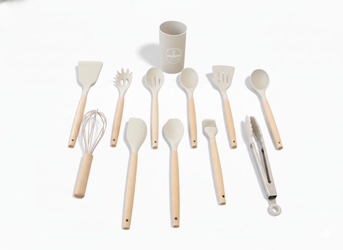 Bavary Collection – 12-delige Siliconen Keukenset – Houten Handgreep – Hittebestendig – Complete Spatelset, Lepels & Tangen – BPA-vrij – Luxe Kookgerei Set