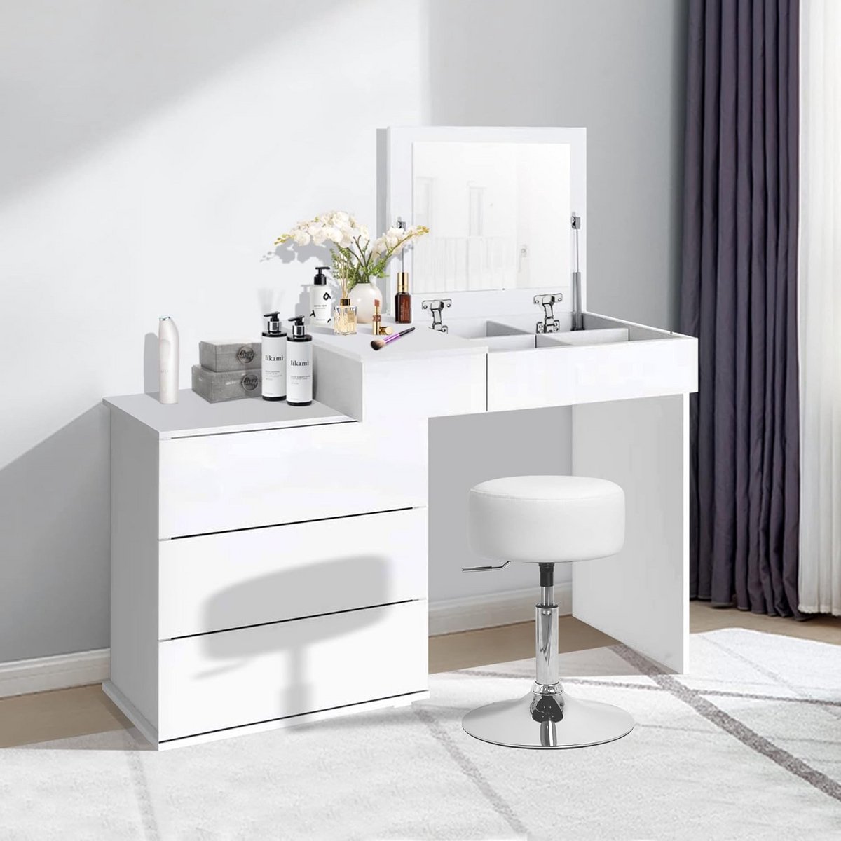 In hoogte verstelbaar make-up krukje lichtgrijs draaibaar kaptafel kruk