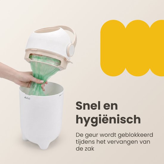 Witte luieremmer met crème deksel, waarbij een groene vuilniszak wordt vervangen. "Snel en hygiënisch".