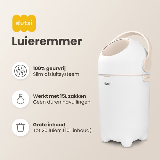 Witte luieremmer met crème deksel en handvat. "100% geurvrij Slim afsluitsysteem". Werkt met 15L zakken. Grote inhoud tot 20 luiers (10L inhoud).