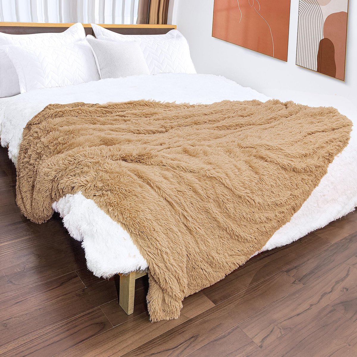Unyqoos Luxe decoratieve deken van zacht imitatiebont voor bank en bed Camel