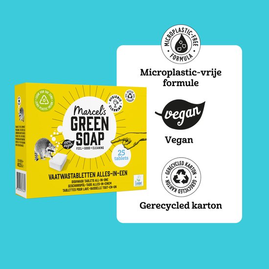 Gele verpakking met 25 vaatwastabletten, 'Microplastic-vrije formule' en 'Vegan' logo's.