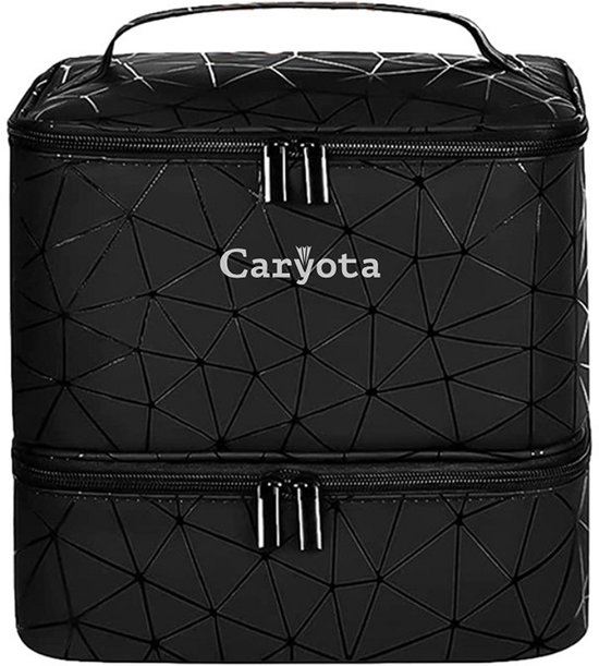 Zwarte Caryota nagellak koffer met geometrisch patroon, twee ritsen en een handvat.