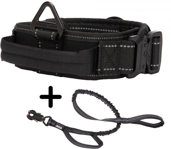 Zwarte halsband en riem voor honden.
