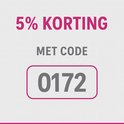 Tekst '5% KORTING MET CODE 0172' op een grijze achtergrond met roze accenten.