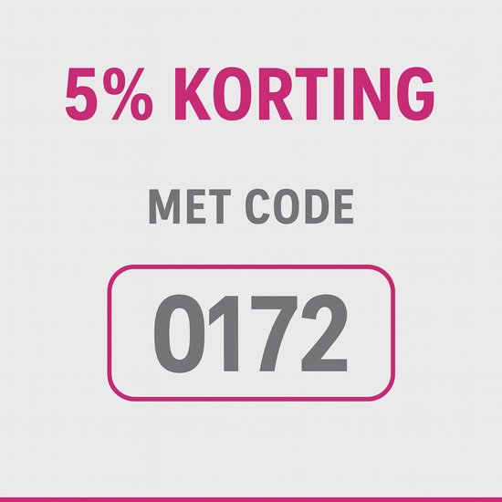Tekst '5% KORTING MET CODE 0172' op een grijze achtergrond met roze accenten.