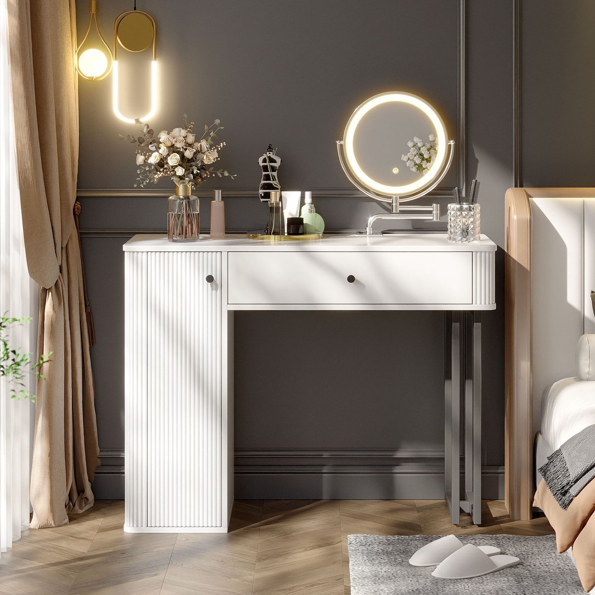 in& out door furniture Make-uptafel, make-upset met LED-spiegel, 1 lade, 1 deur, 3-kleurige LED-verlichting, afmetingen: B100×H116×D40cm (zonder krukje) Wit