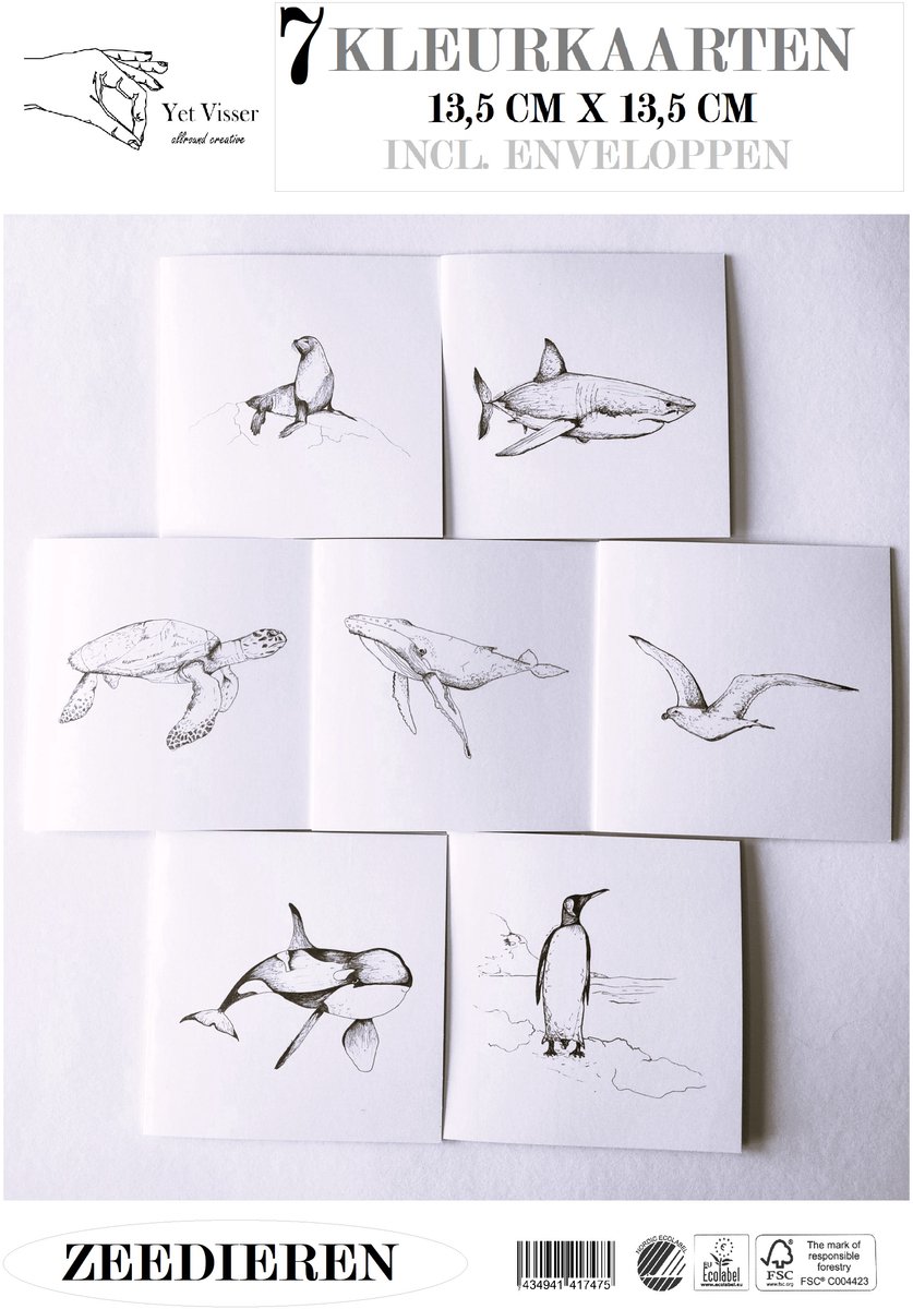 Set kaarten met enveloppen zee dieren Yet Visser 13,5 x 13,5 cm