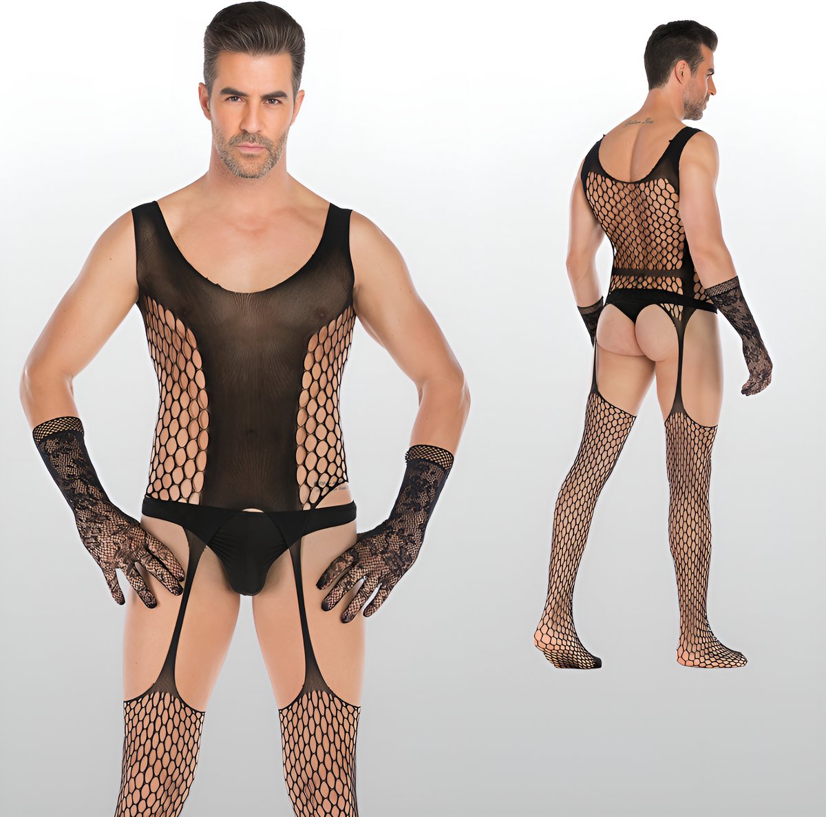 Heren Bodystocking Jarretel Design - Zwart - Visnet - Sexy Herenondergoed - One Size S-XL (46-52) | LS159