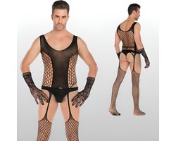 Heren Bodystocking Jarretel Design - Zwart - Visnet - Sexy Herenondergoed - One Size S-XL (46-52) | LS159