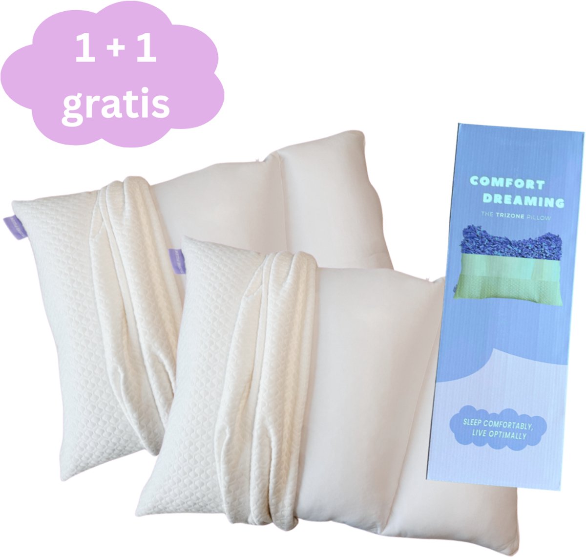 Comfort Dreaming ComfortDreaming Hoofdkussen - 1 +1 Gratis - 35 Nachten Proefslapen - Memory Foam - Afstelbaar Design - Geschikt voor rug, zij- en buikslapers - Traagschuim - Vermindert Nekklachten Wit met blauwe details
