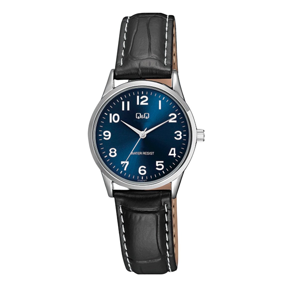 QQ C11A-016PY - Horloge - Analoog - Dames - Vrouwen - Leren band - Rond - Cijfers - Zwart - Zilverkleurig - Blauw