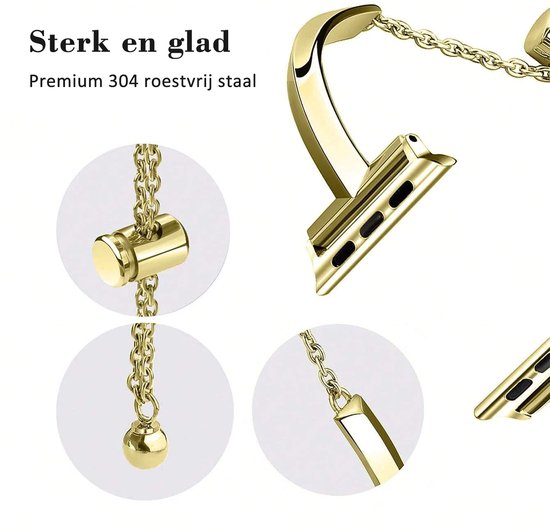 Gouden Apple Watch bandje met verstelbare ketting details, gemaakt van roestvrij staal.