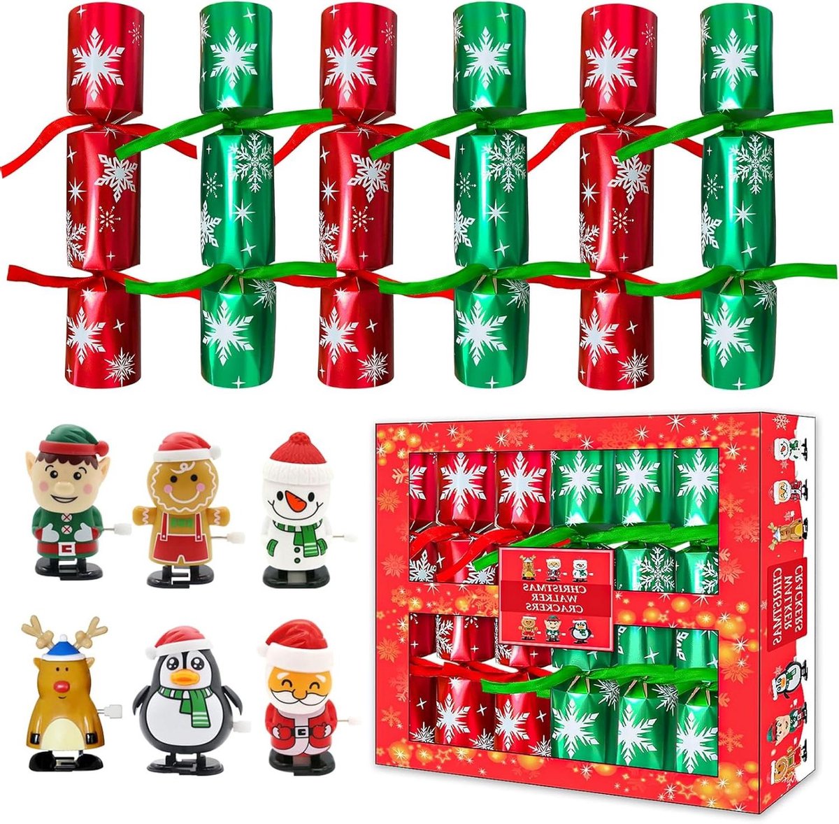 6-delige kerstcrackers set - Luxe design 25,4 cm - Kerstdecoratie met wandelklokspeelgoed - Voor kerstfeest - Nieuwigheid geschenken - Kerstavond tafeldecoratie