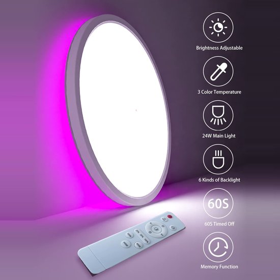 LED-plafondlamp met RGB-achtergrondverlichting, doorspoelen plafondlamp met afstandsbediening 36W 3200LM IP44 waterdicht, 3000-6500K dimbaar rond plafondlamp voor slaapkamer, keuken, woonkamer 30CM