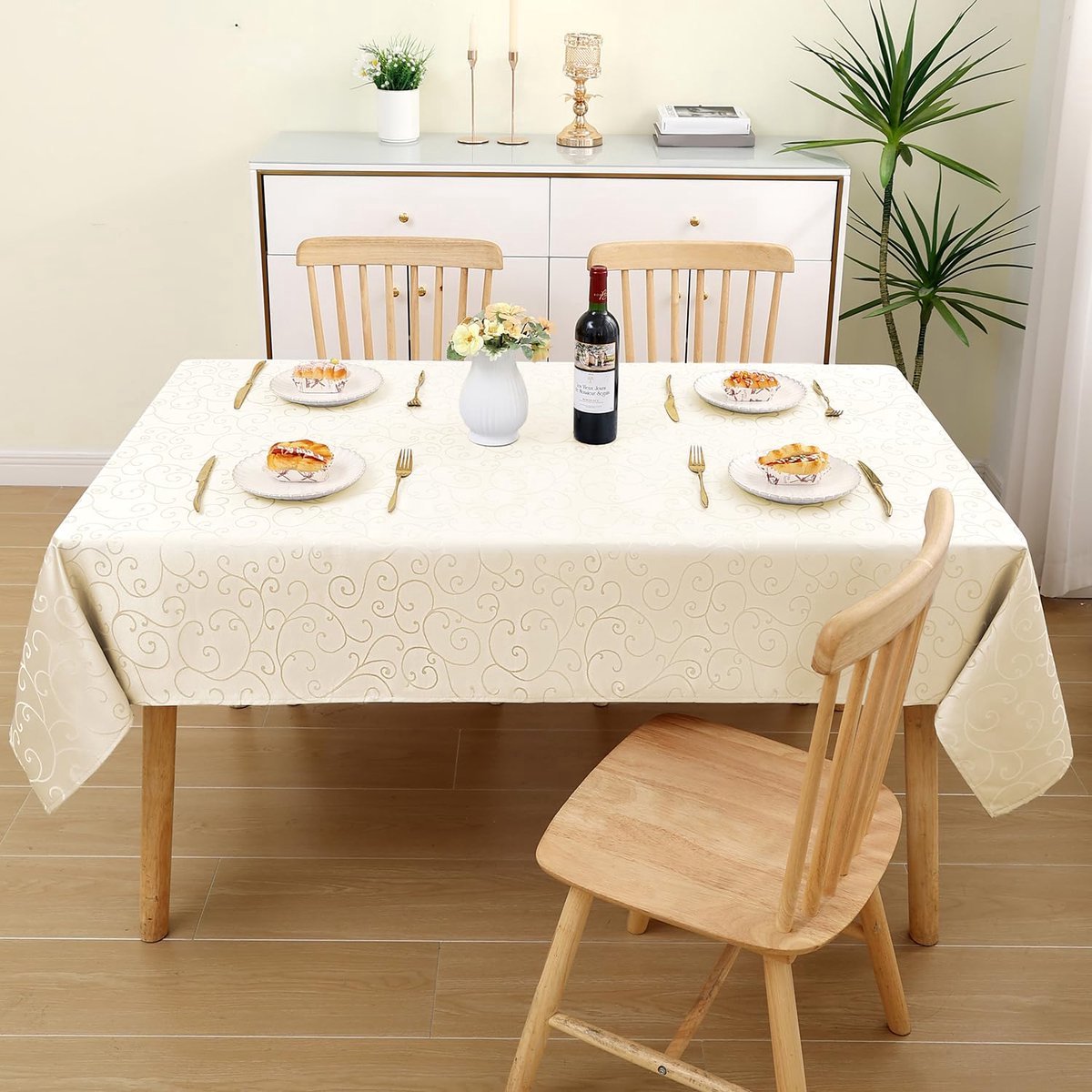 Stunq® Rechthoef Tafelkleed van Polyester, 140 x 100 cm, Beige, Jacquard Ontwerp